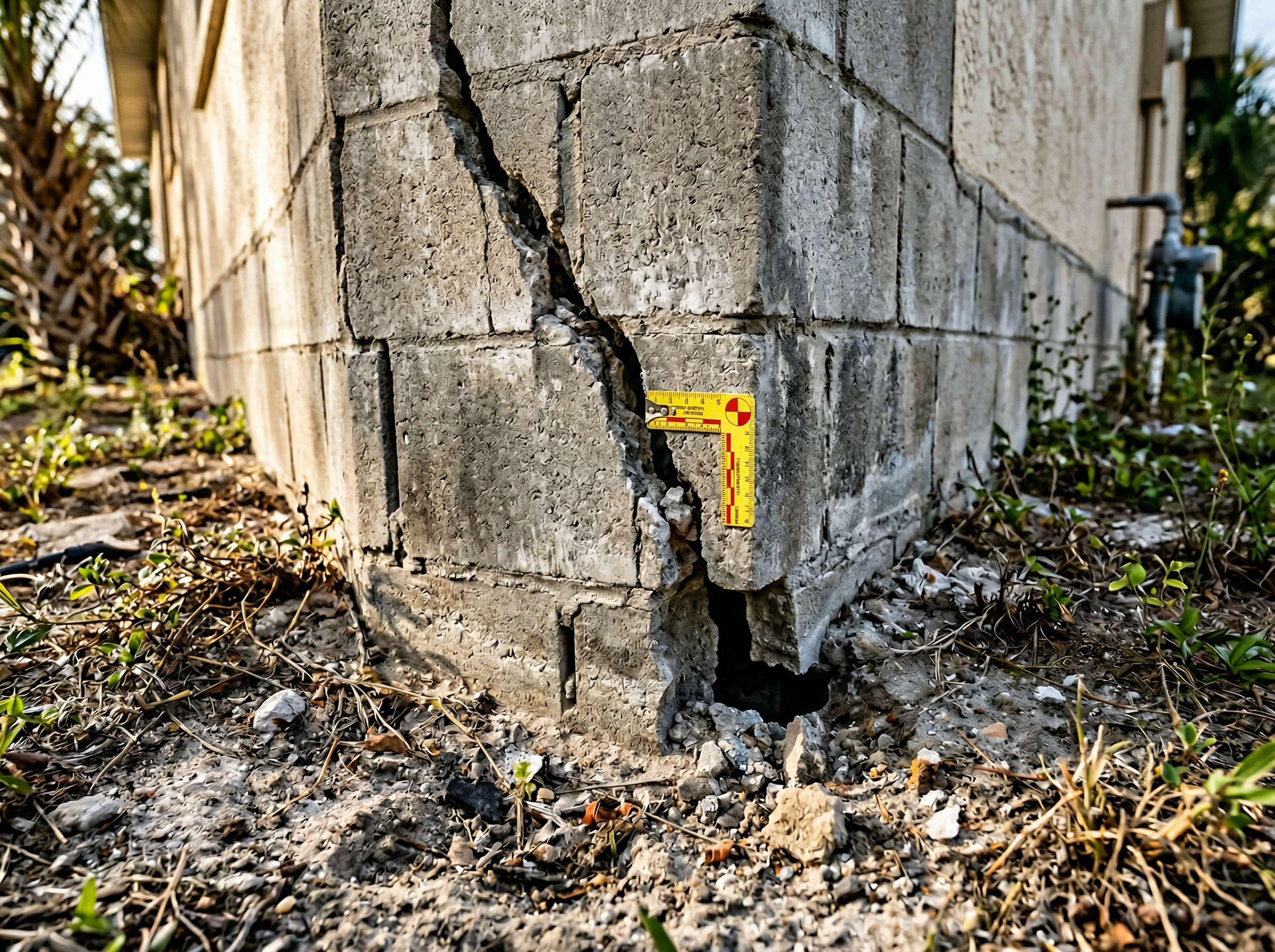Cracked concrete block foundation wall of a Florida home showing severe settling damage with visible gap