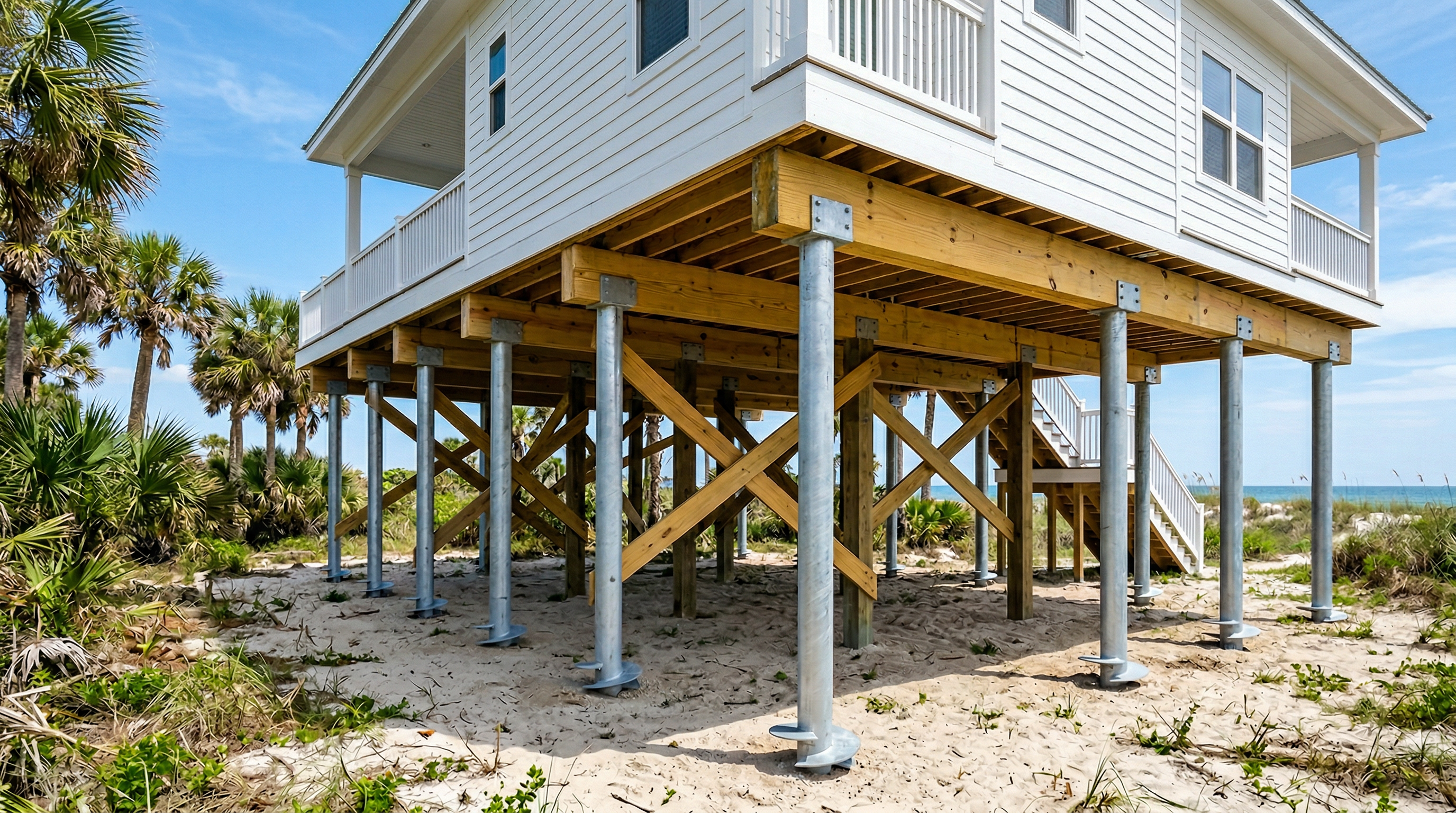 Steel helical piles supporting an elevated coastal Florida home on sandy soil with palm trees