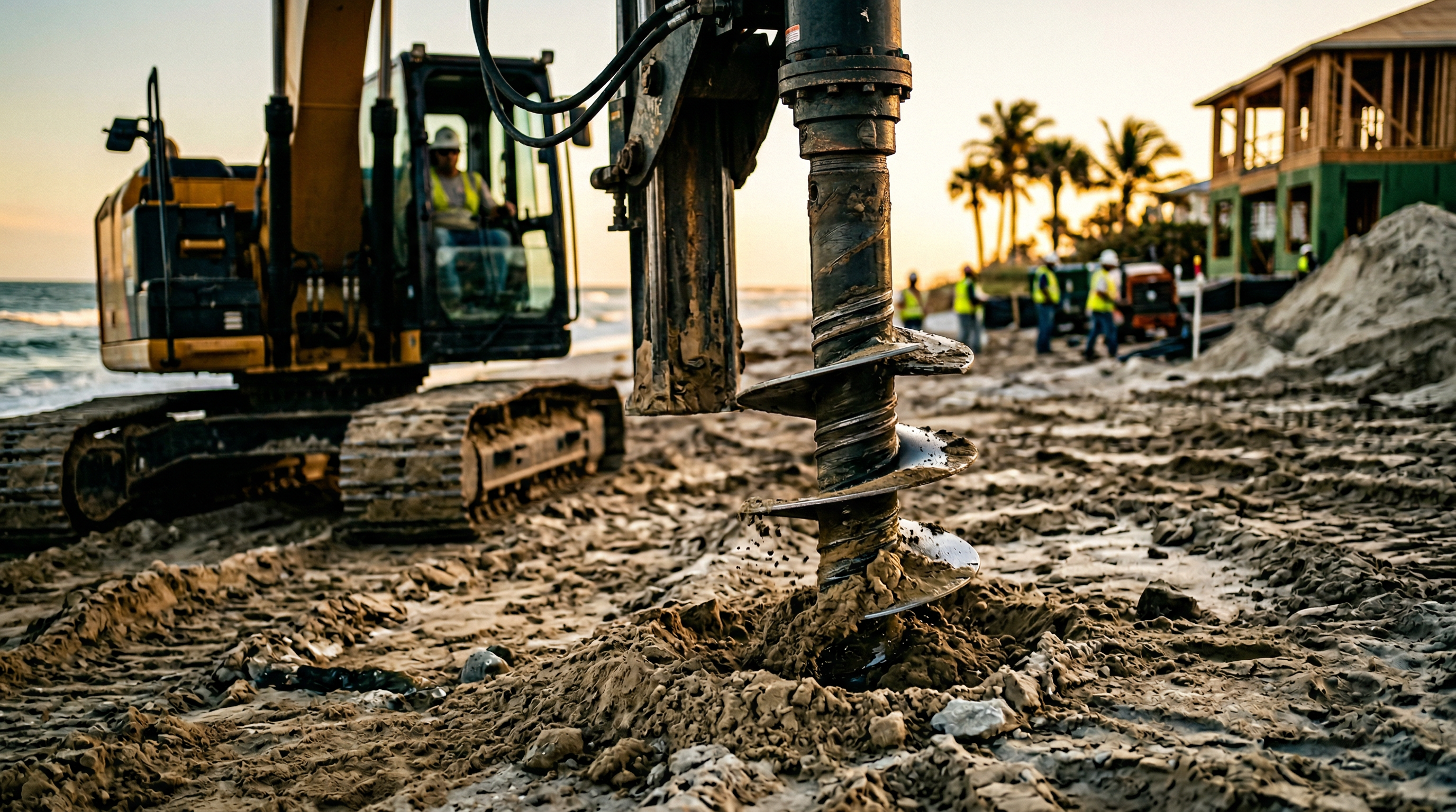 Helical pile being drilled into sandy Florida soil at a coastal construction site during golden hour